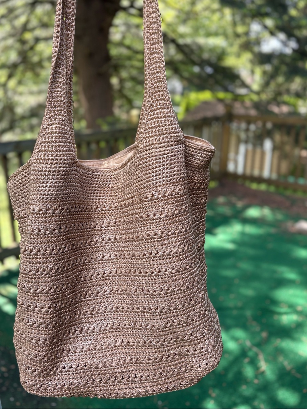 The Sak XL Gold Tan Crochet Woven Tote Bag